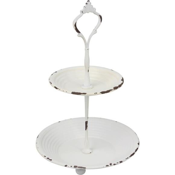 Small 2 Tier Worn White Metal Tray, Rustic Farmhouse Decor, Tiered Jewelry Tray - Picture 3 of 7